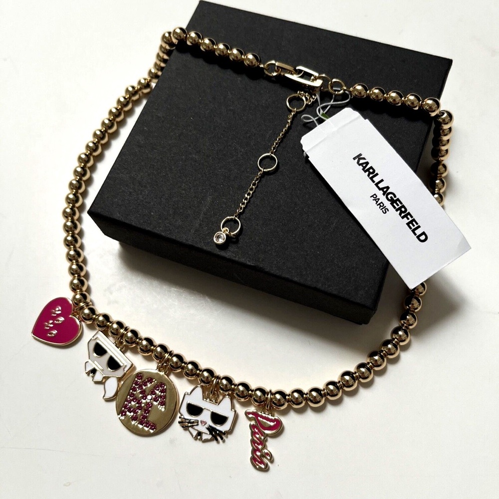 New KARL LAGERFELD Paris Charm Fashion Necklace Choupette Cat Pink Rhinestone. - Picture 4 of 7